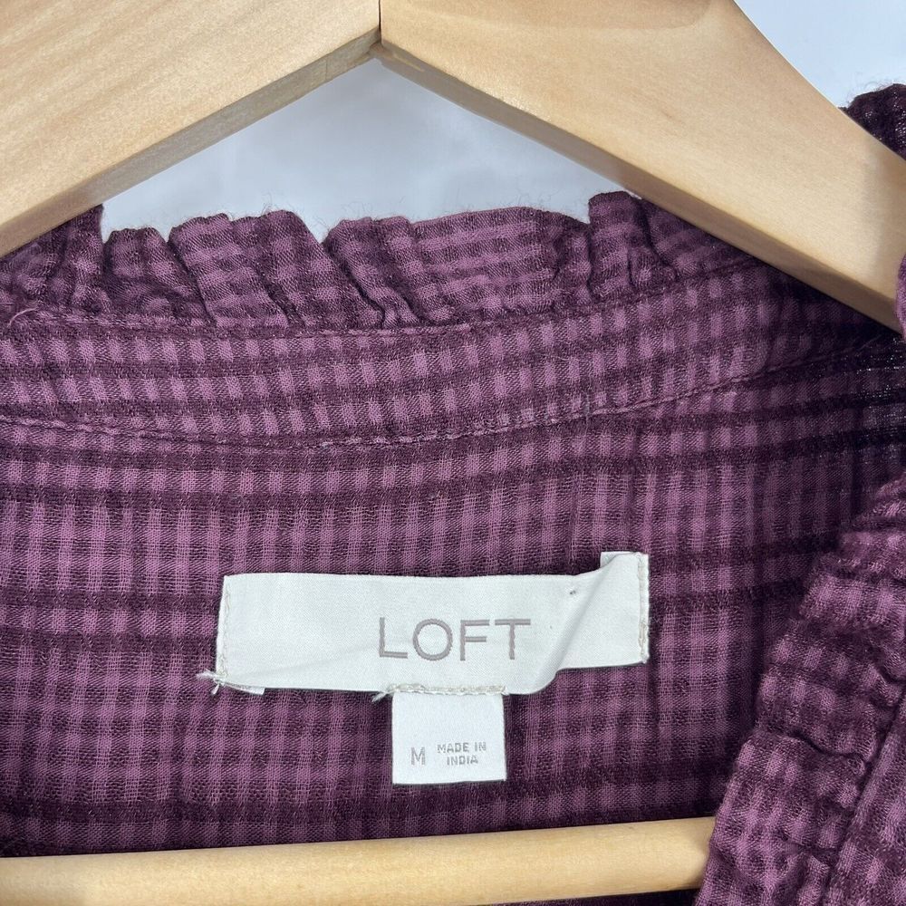 LOFT Dress Size Medium Maroon Check Ruffle Prairie Pleated Button Drop Waist - Picture 3 of 8